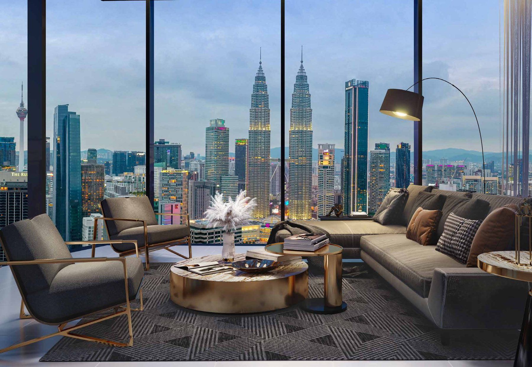 Living room facing the KLCC skyline through full-height curtain glass