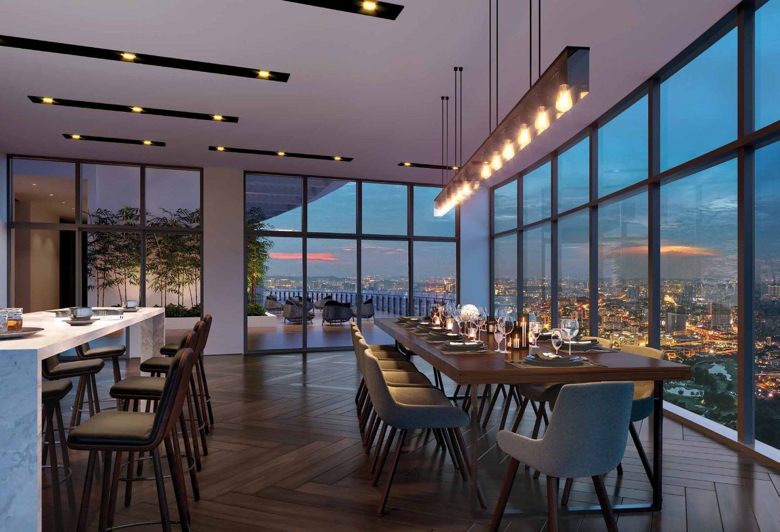 Gourmet kitchen and sky dining