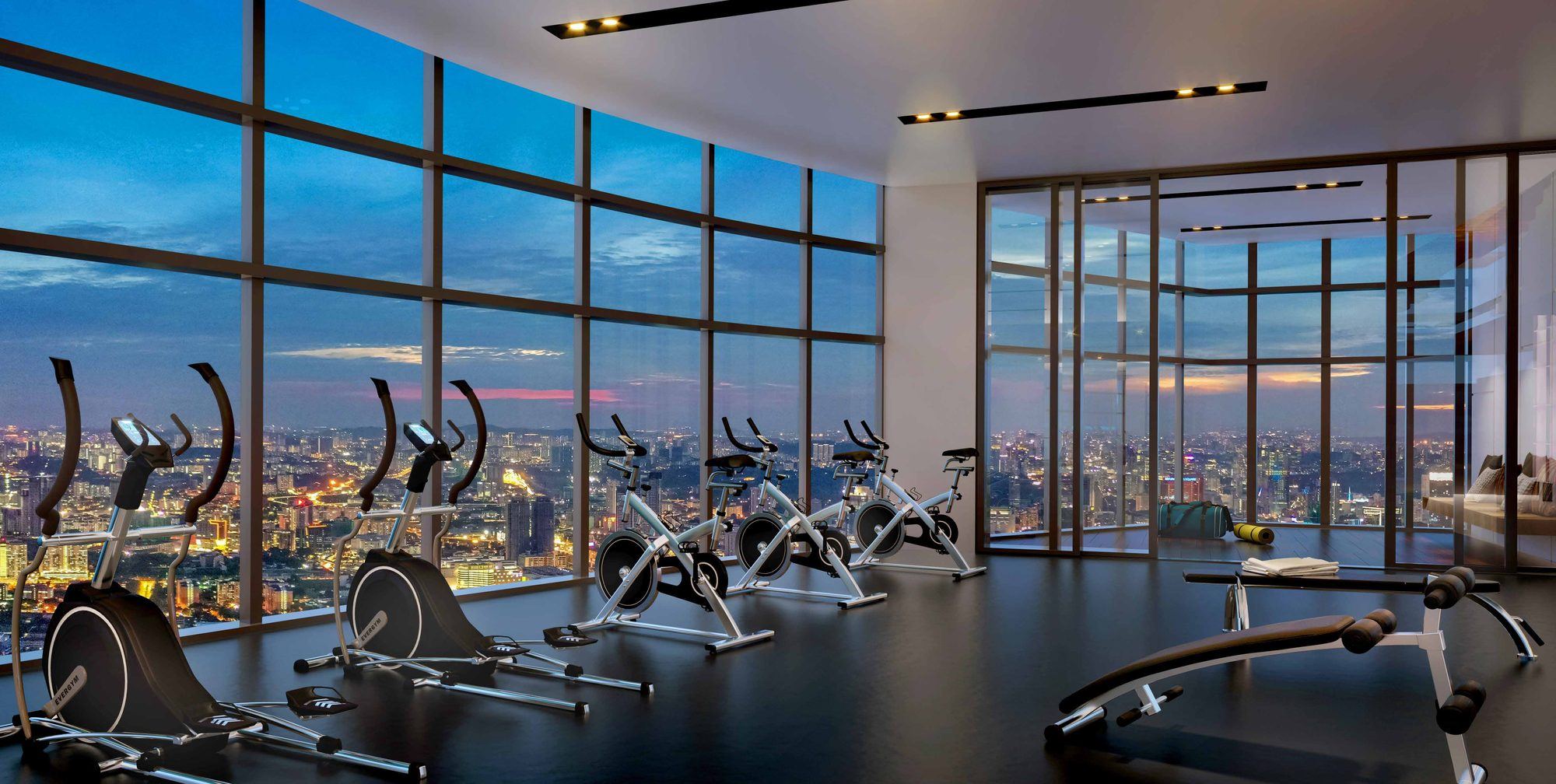 Sky gym on Level 50 above the city at night