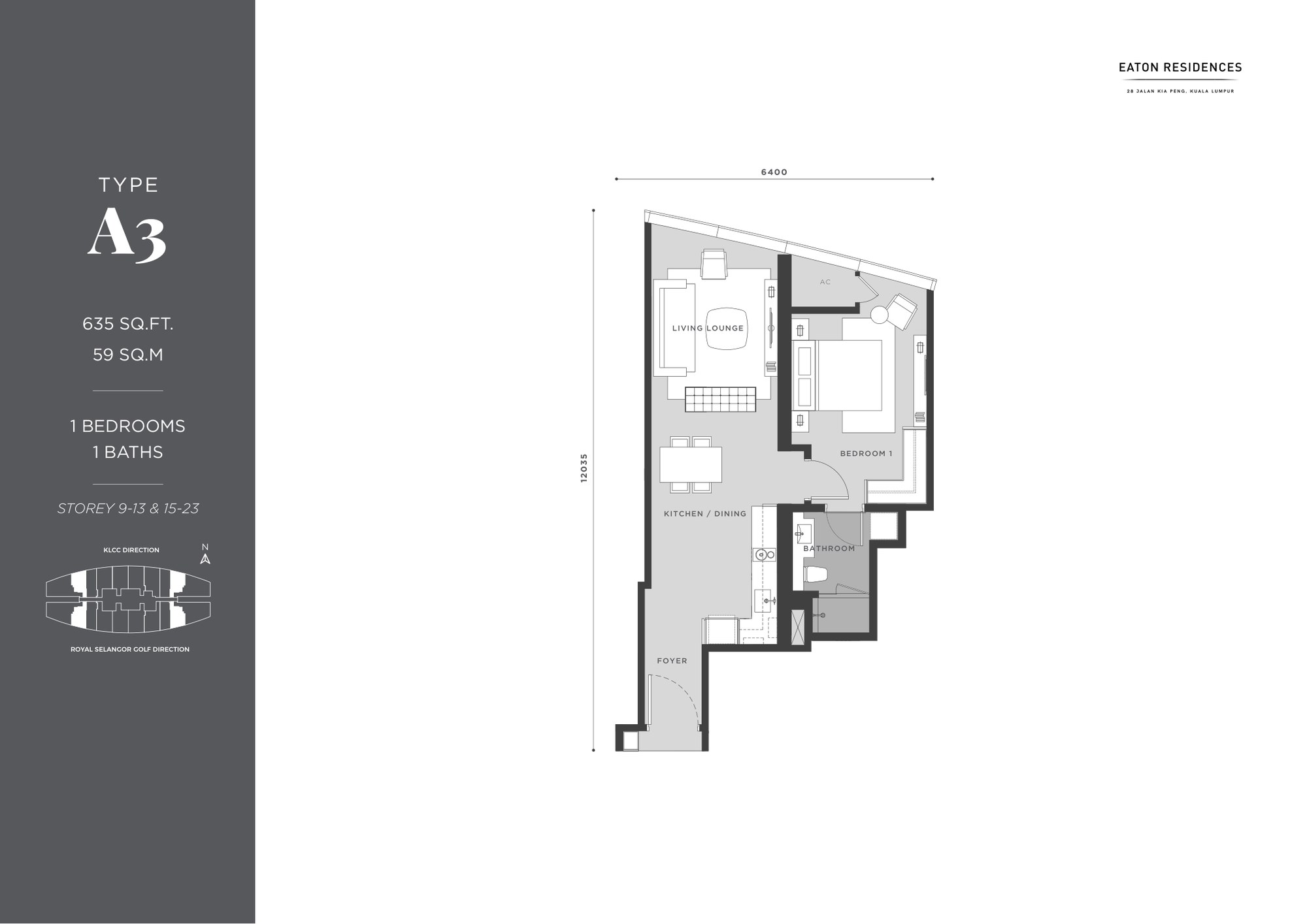 Type A3 floor plan, 635 sq ft